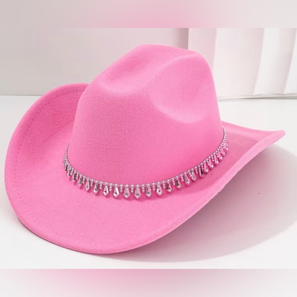 Pink Rhinestone Trim Felt Cowboy Hat - Women Accessories